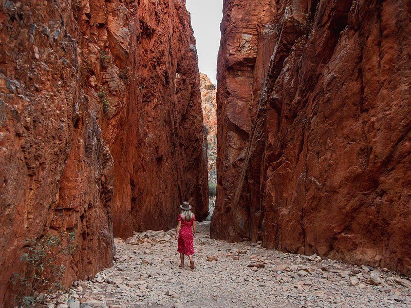 A narrow red-walled gorge on one of the Red Centre itineraries